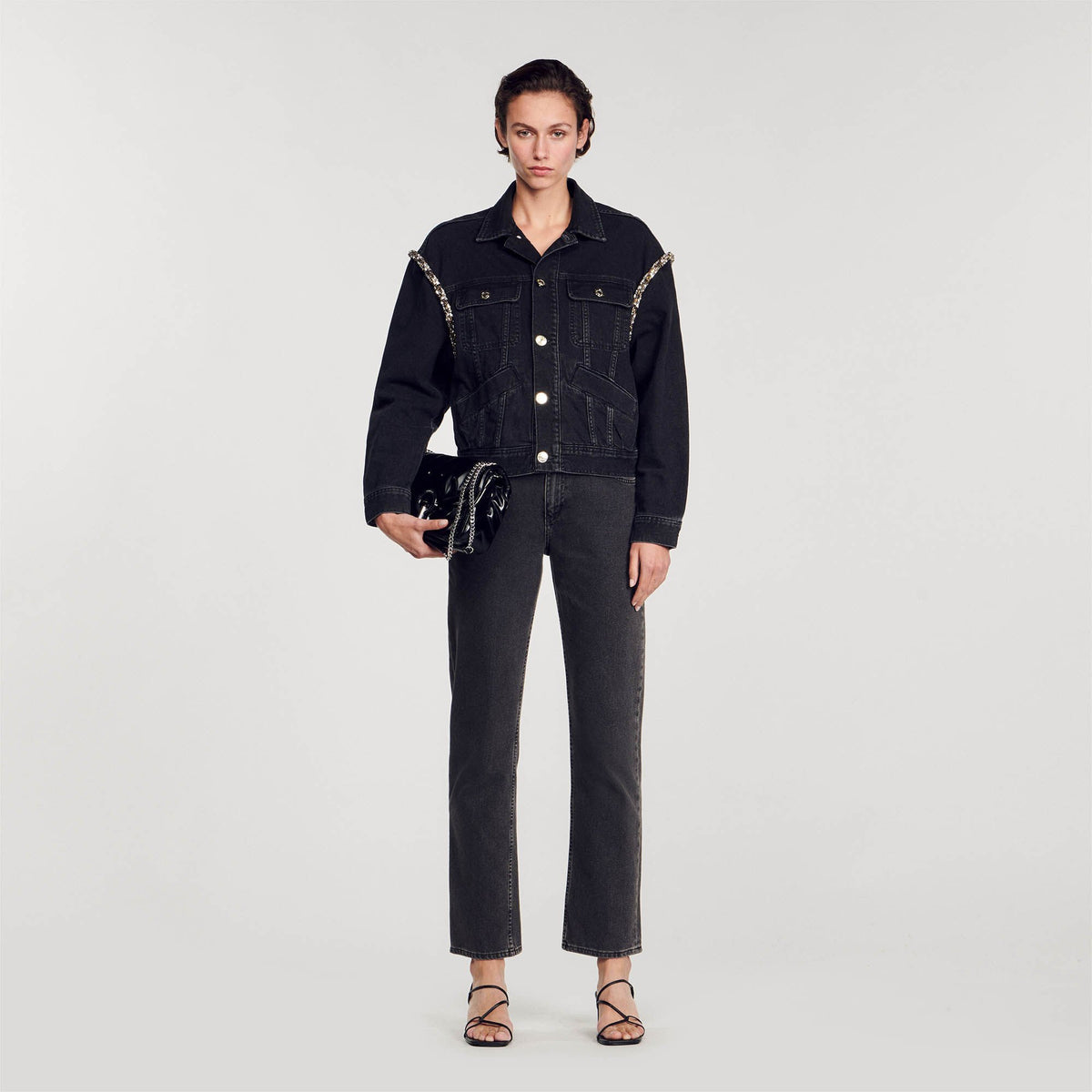 Oversized denim jacket with rhinestones | Sandro