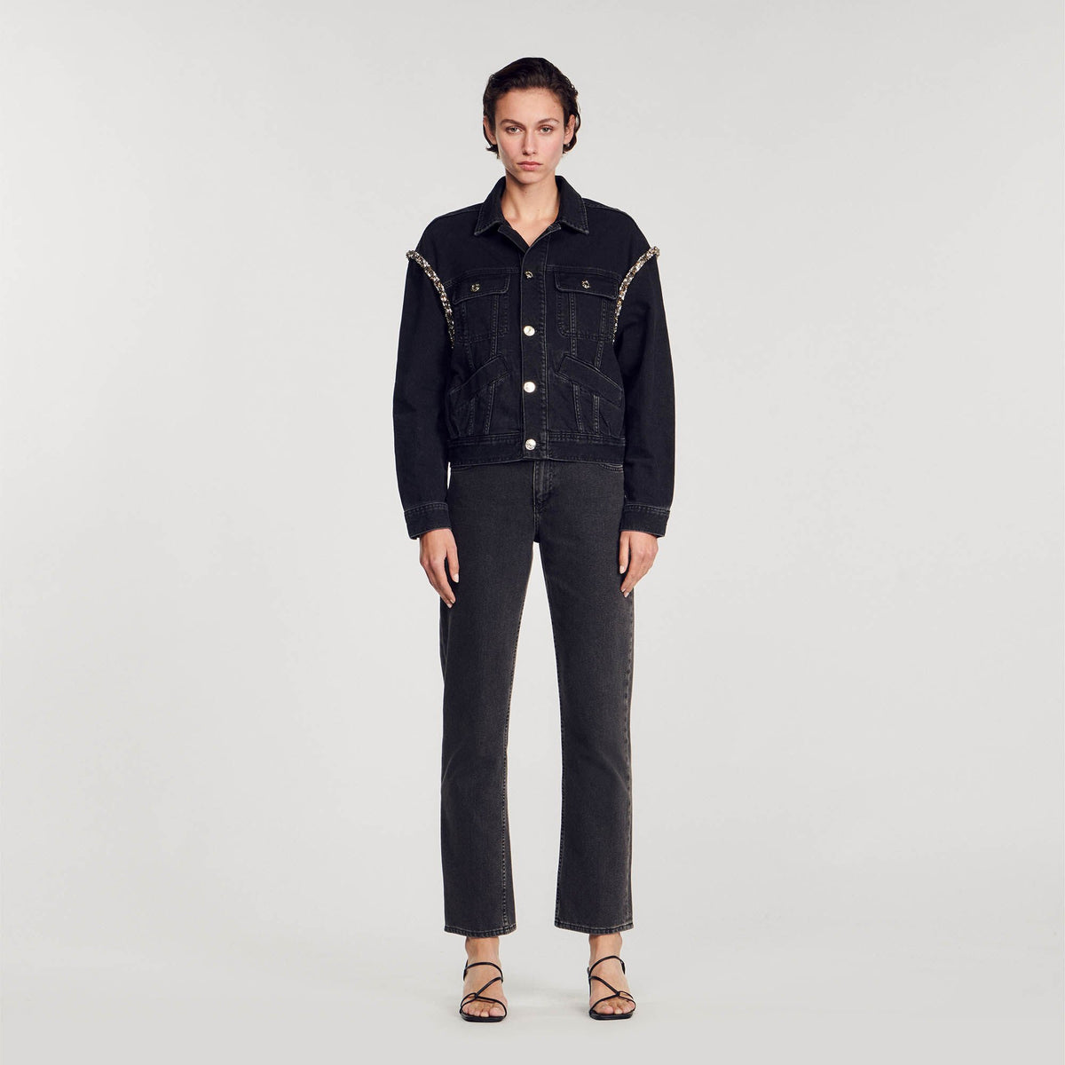 Oversized denim jacket with rhinestones | Sandro