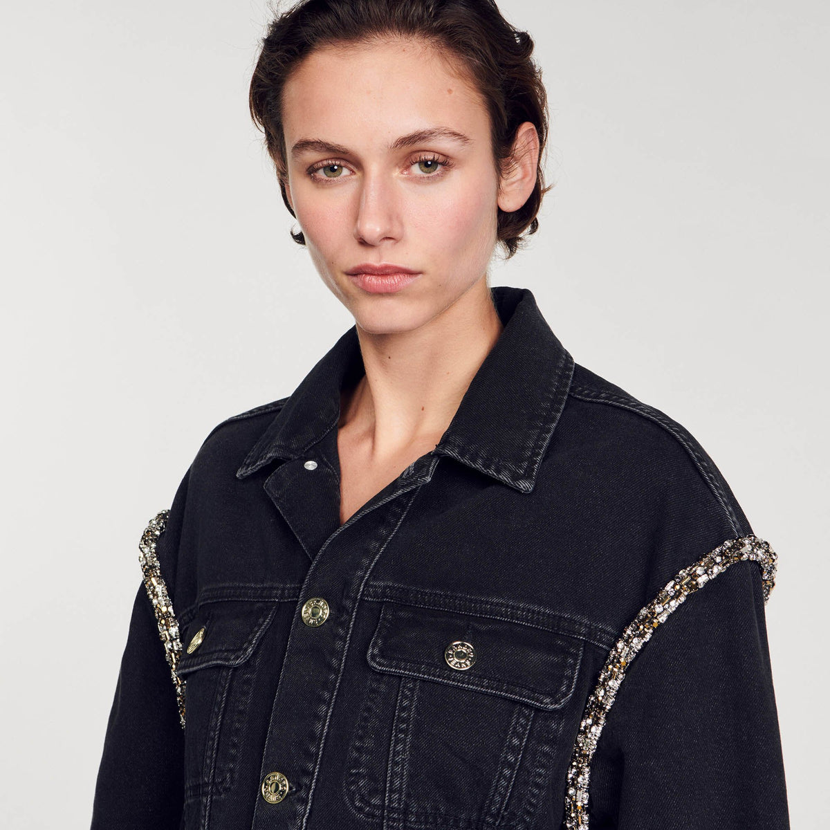 Oversized denim jacket with rhinestones | Sandro