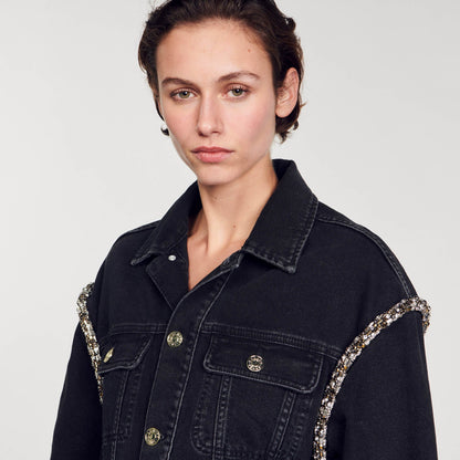 Oversized denim jacket with rhinestones | Sandro