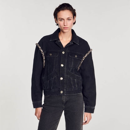 Oversized denim jacket with rhinestones | Sandro