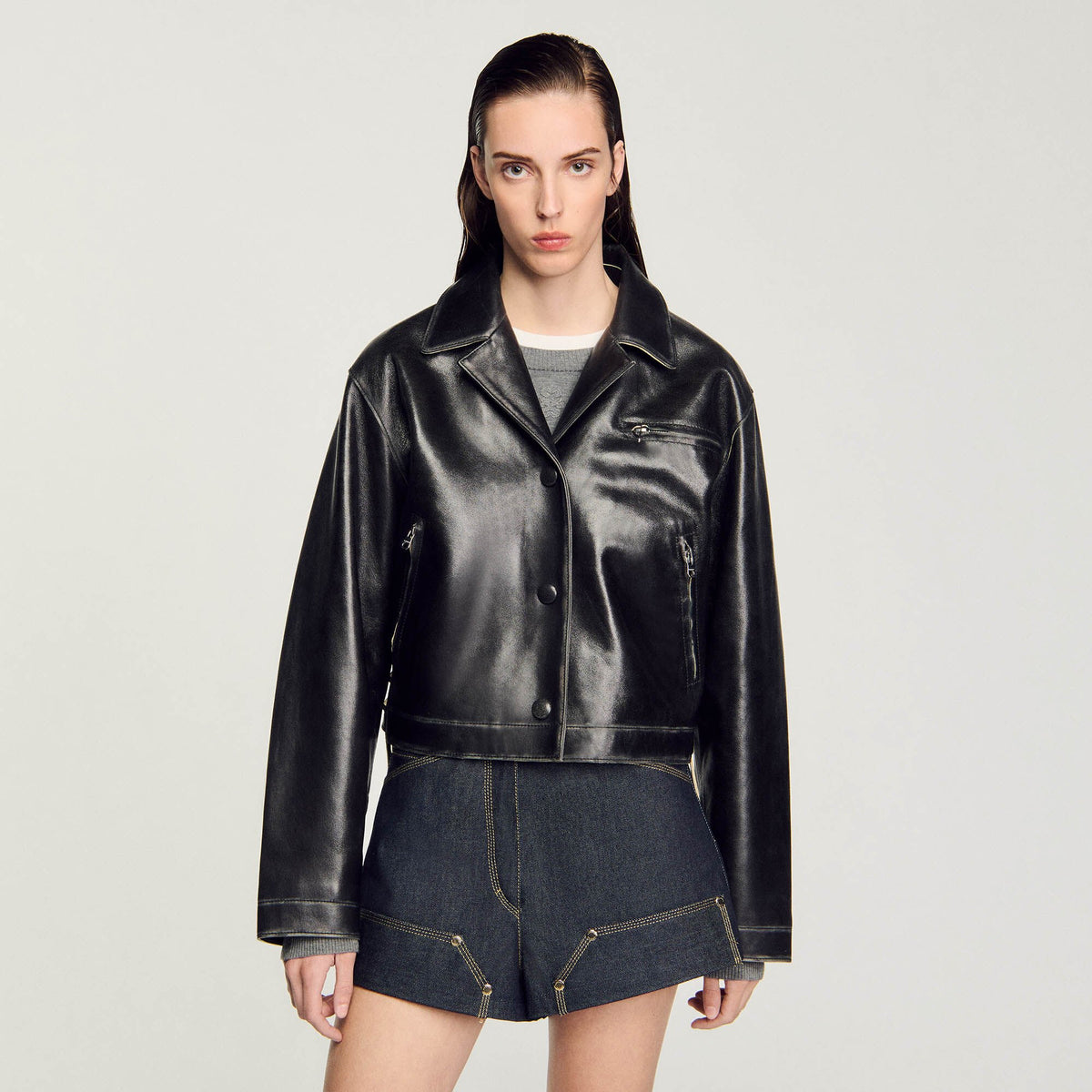 Distressed leather jacket | Sandro