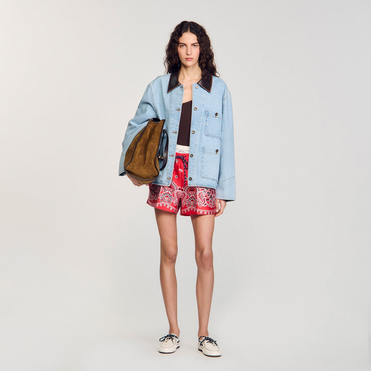 Denim jacket with leather collar | Sandro