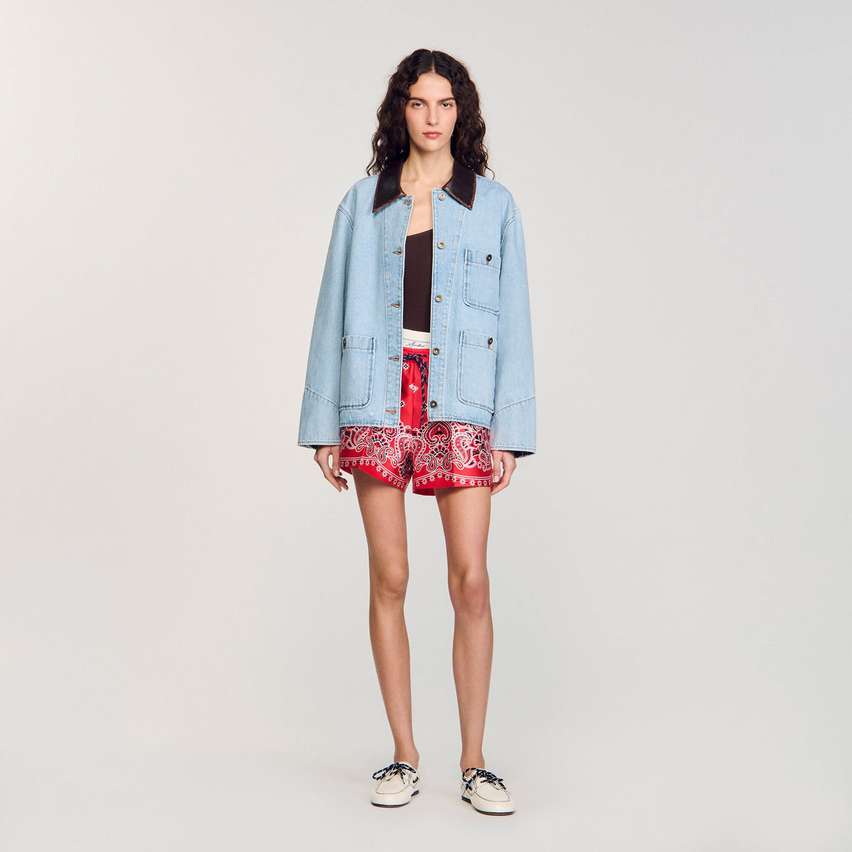 Denim jacket with leather collar | Sandro