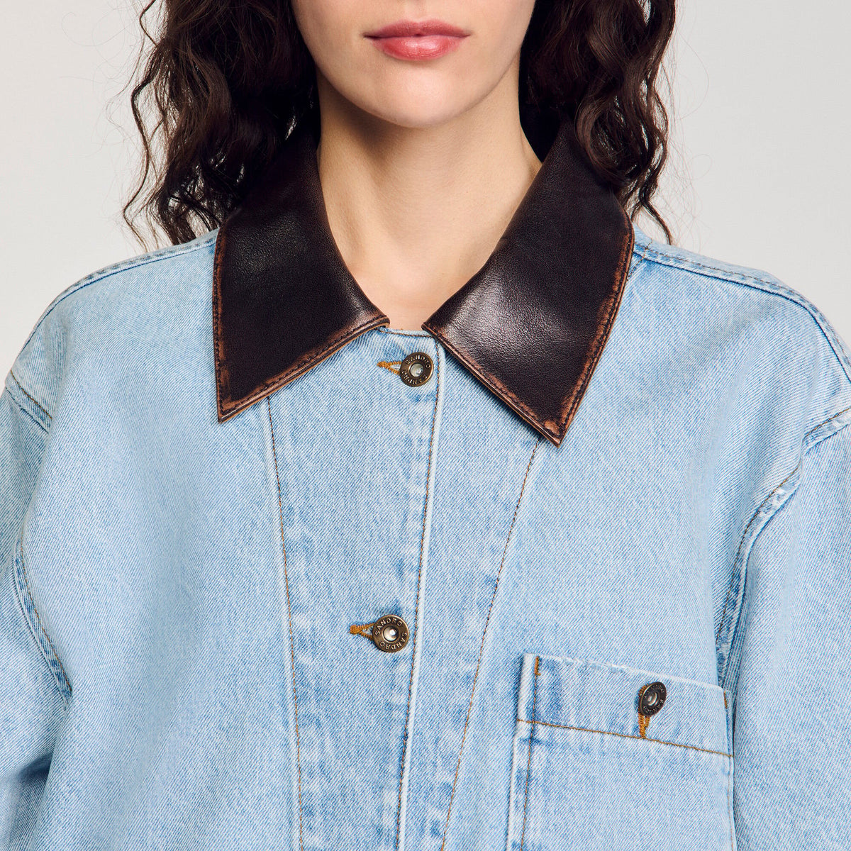 Denim jacket with leather collar | Sandro
