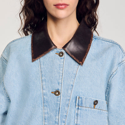 Denim jacket with leather collar | Sandro
