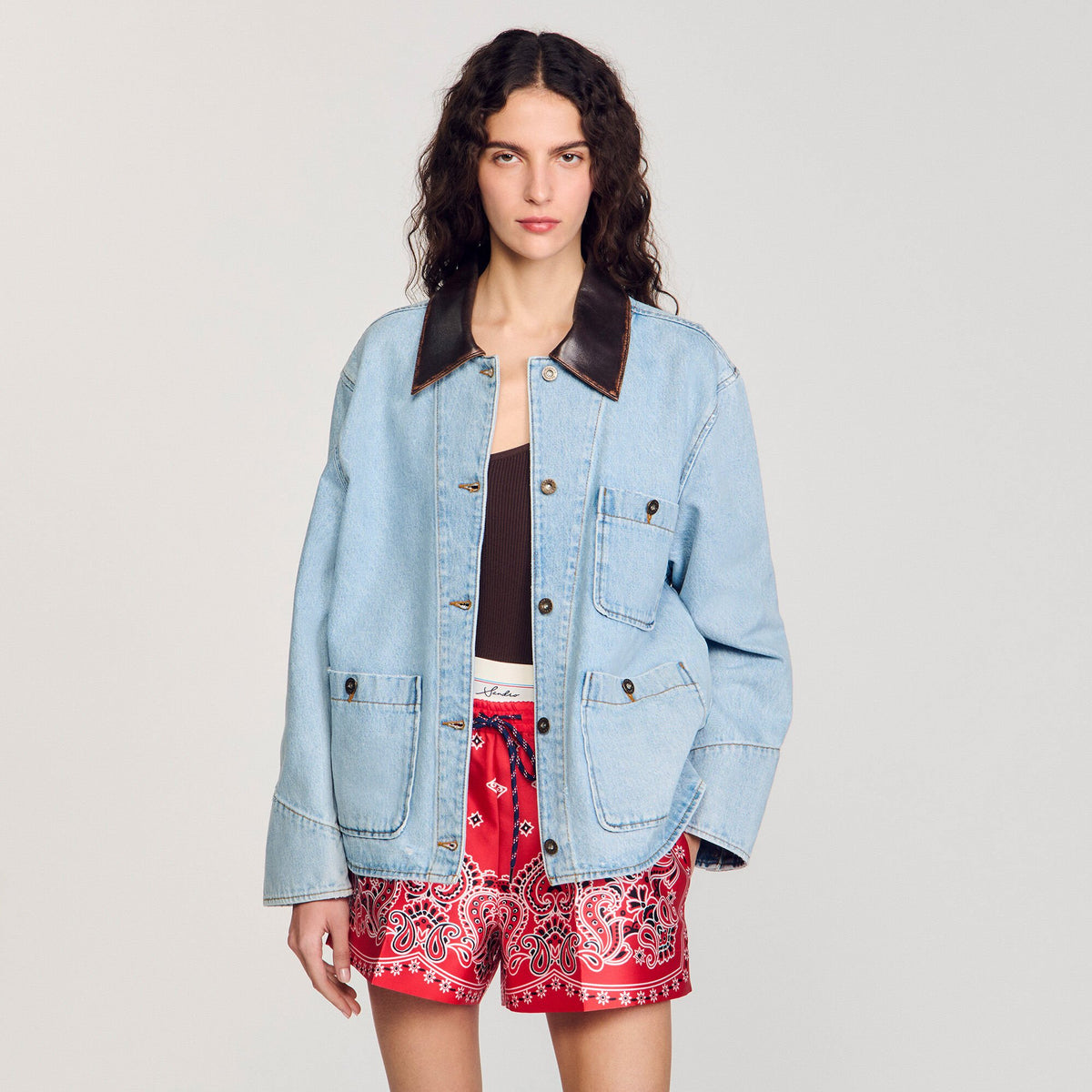 Denim jacket with leather collar | Sandro