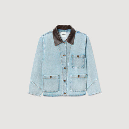 Denim jacket with leather collar | Sandro