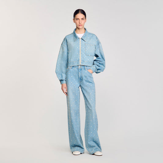 Beaded and rhinestone denim jacket | Sandro