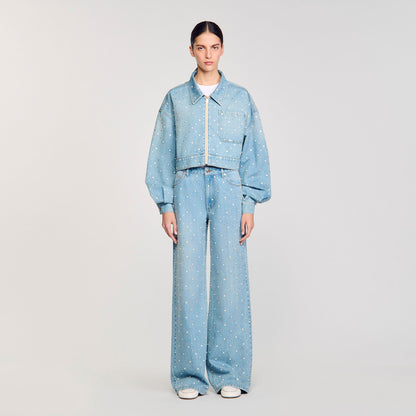 Beaded and rhinestone denim jacket | Sandro