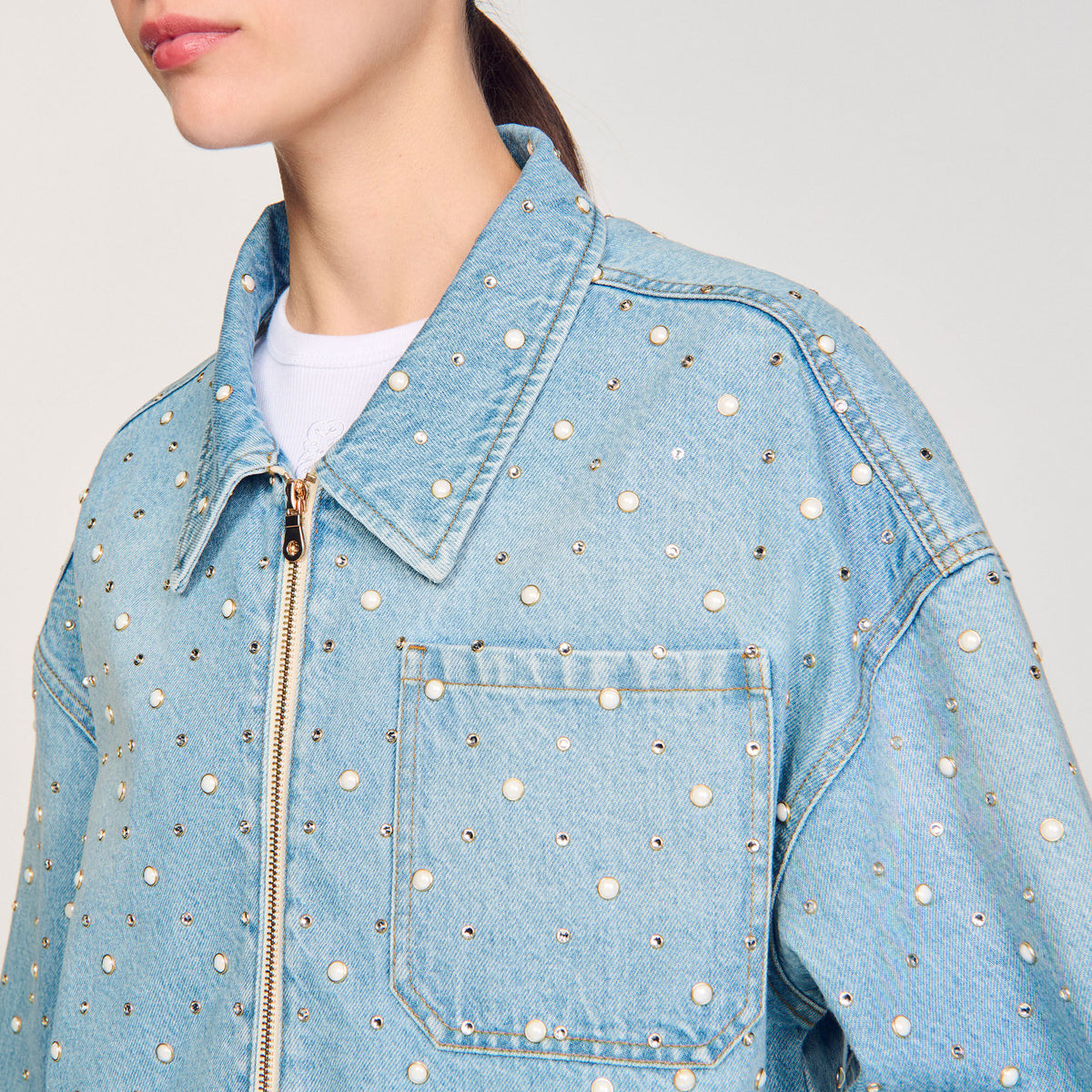 Beaded and rhinestone denim jacket | Sandro