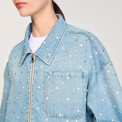 Beaded and rhinestone denim jacket | Sandro