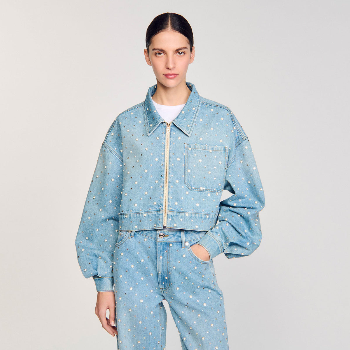 Beaded and rhinestone denim jacket | Sandro