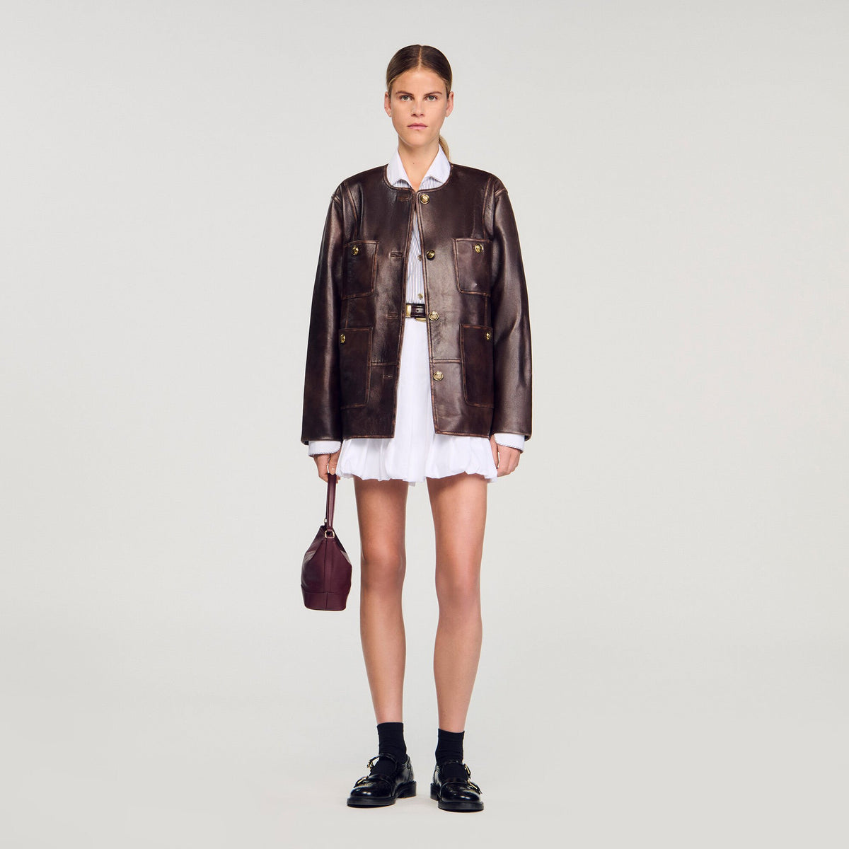 Long distressed leather jacket | Sandro