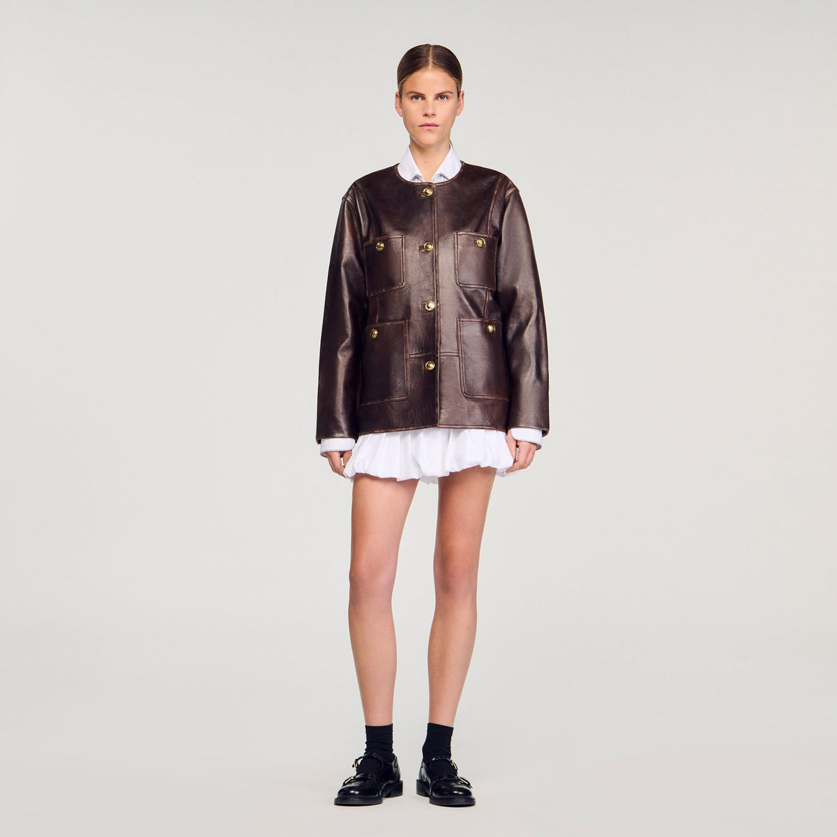 Long distressed leather jacket | Sandro