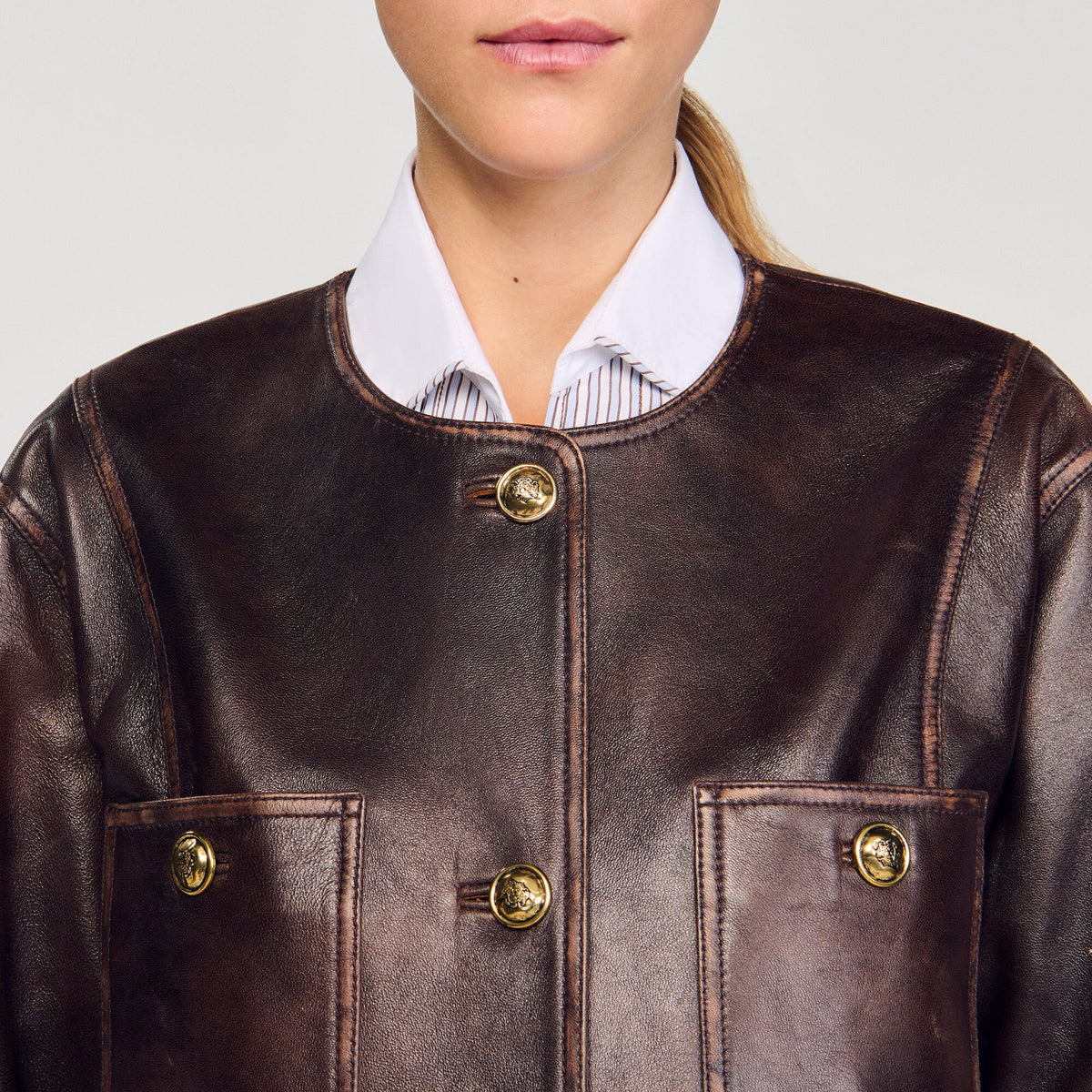 Long distressed leather jacket | Sandro