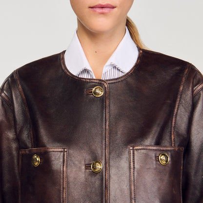 Long distressed leather jacket | Sandro