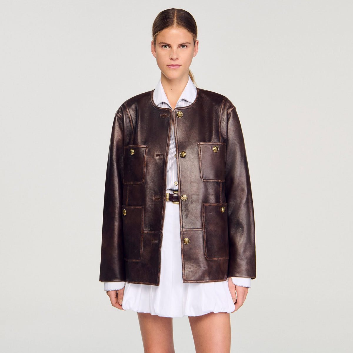 Long distressed leather jacket | Sandro