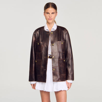 Long distressed leather jacket | Sandro
