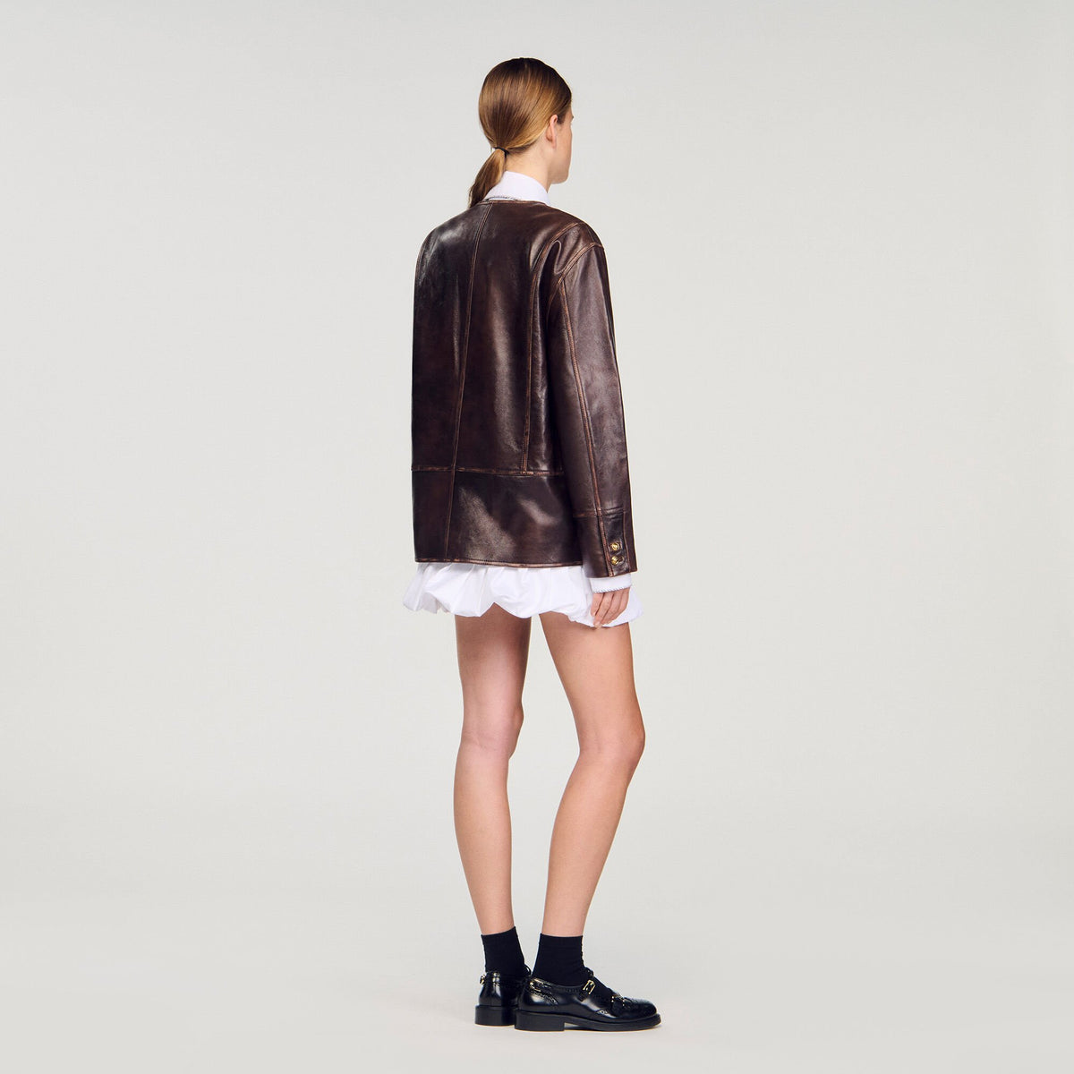 Long distressed leather jacket | Sandro