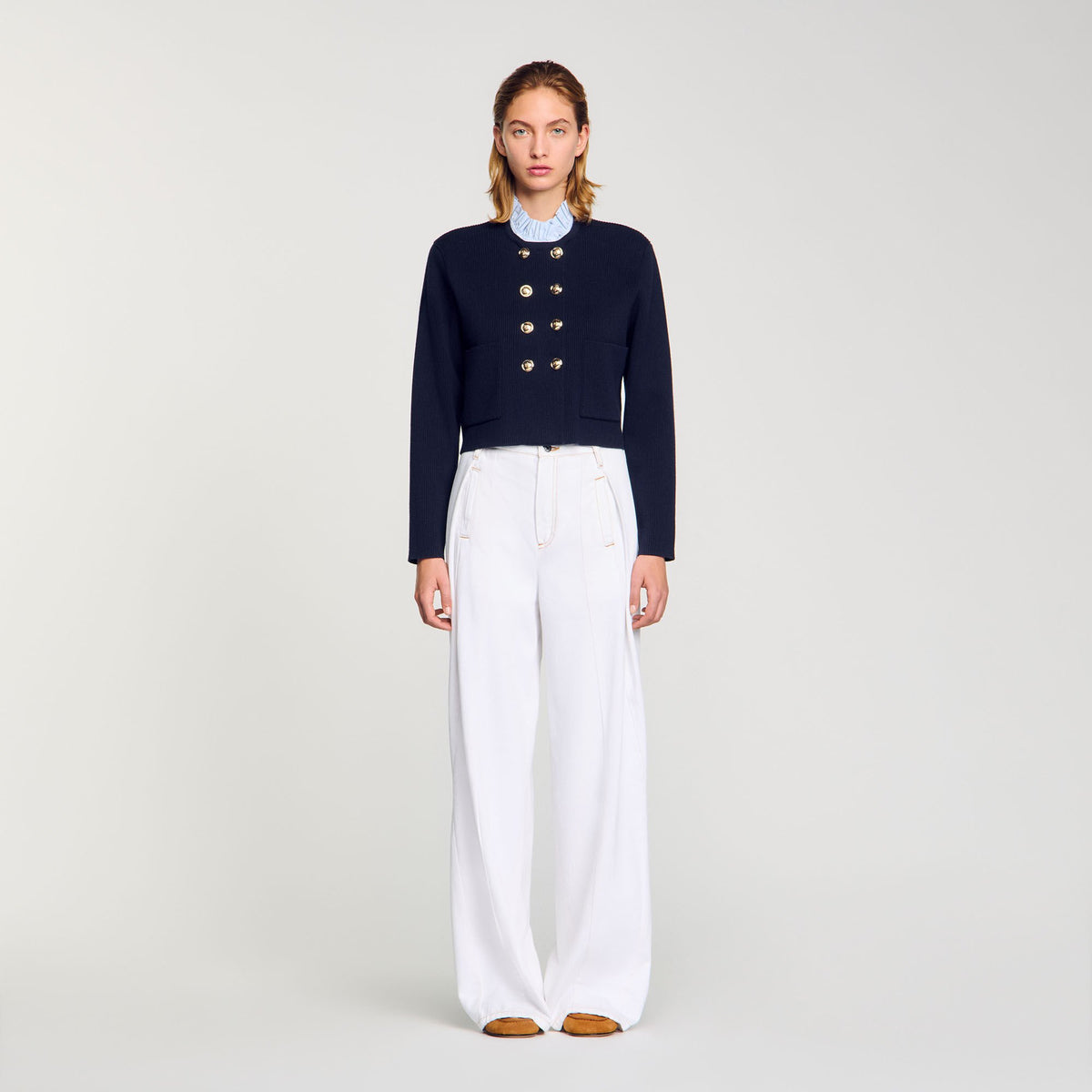 Cardigan with removable ruffled collar | Sandro