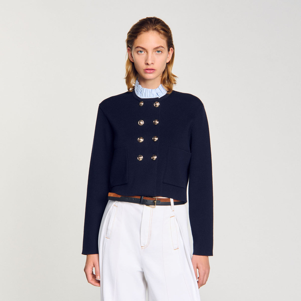 Cardigan with removable ruffled collar | Sandro