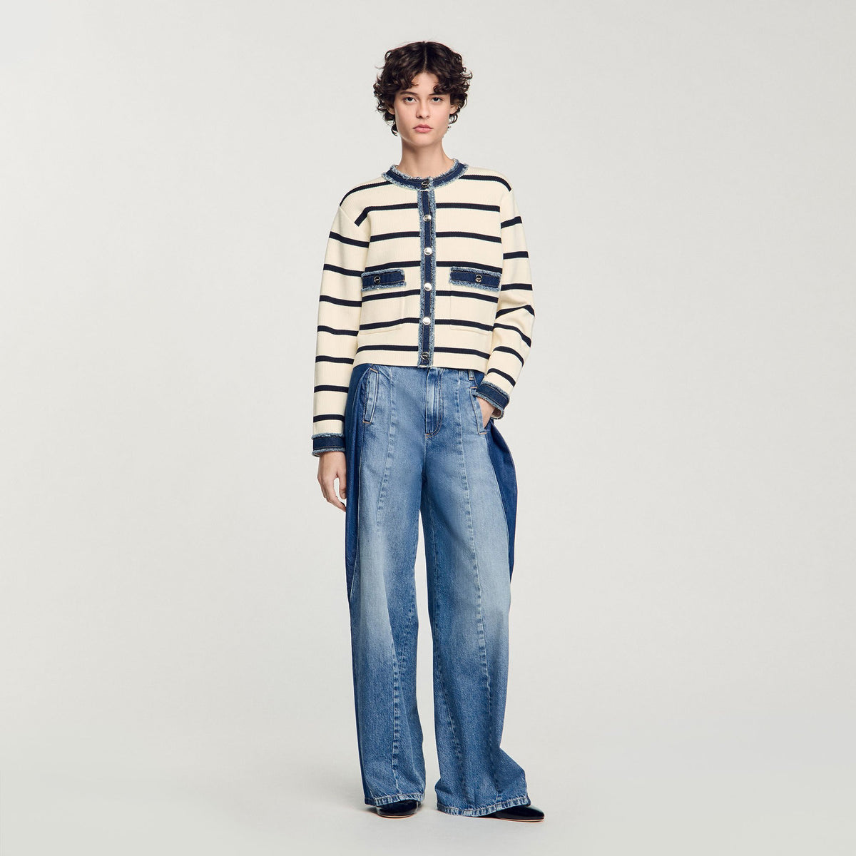 Striped cardigan with denim details | Sandro