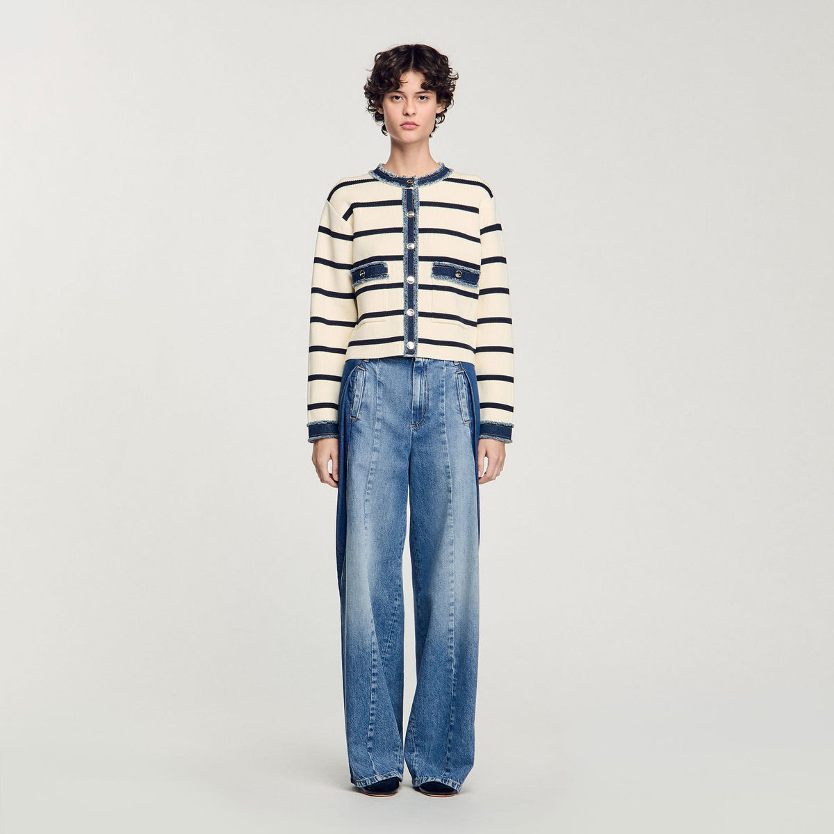Striped cardigan with denim details | Sandro
