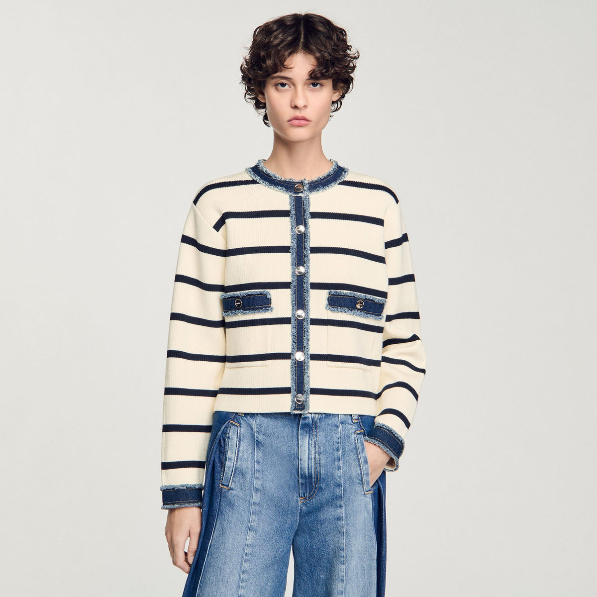 Striped cardigan with denim details | Sandro