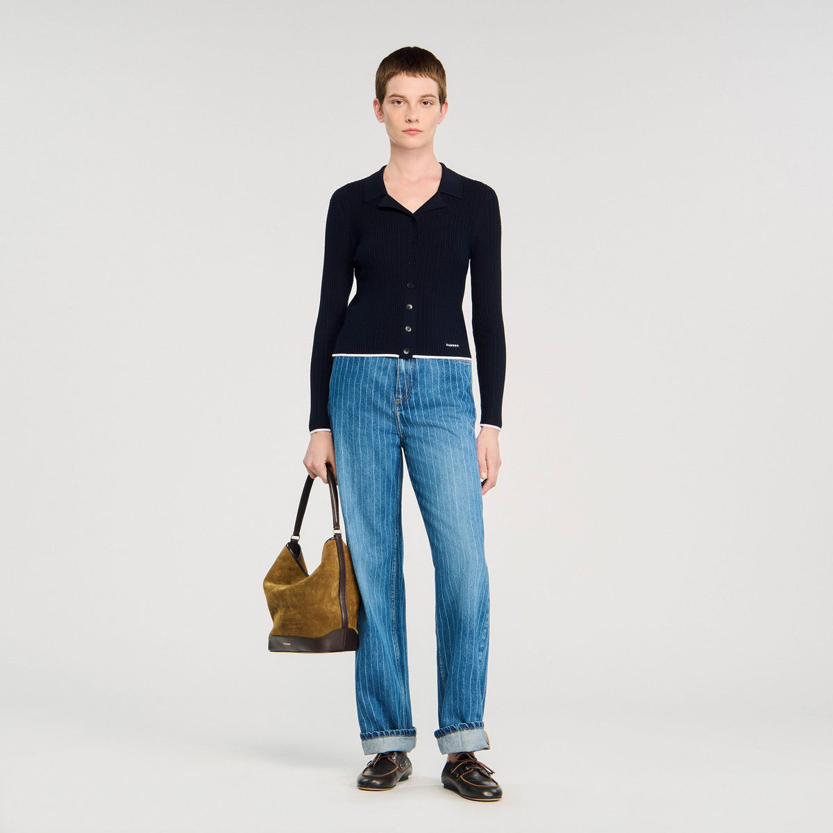 Cropped polo collar cardigan | Sandro