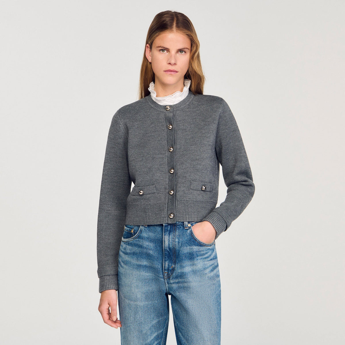 Cardigan with detachable ruffle collar | Sandro