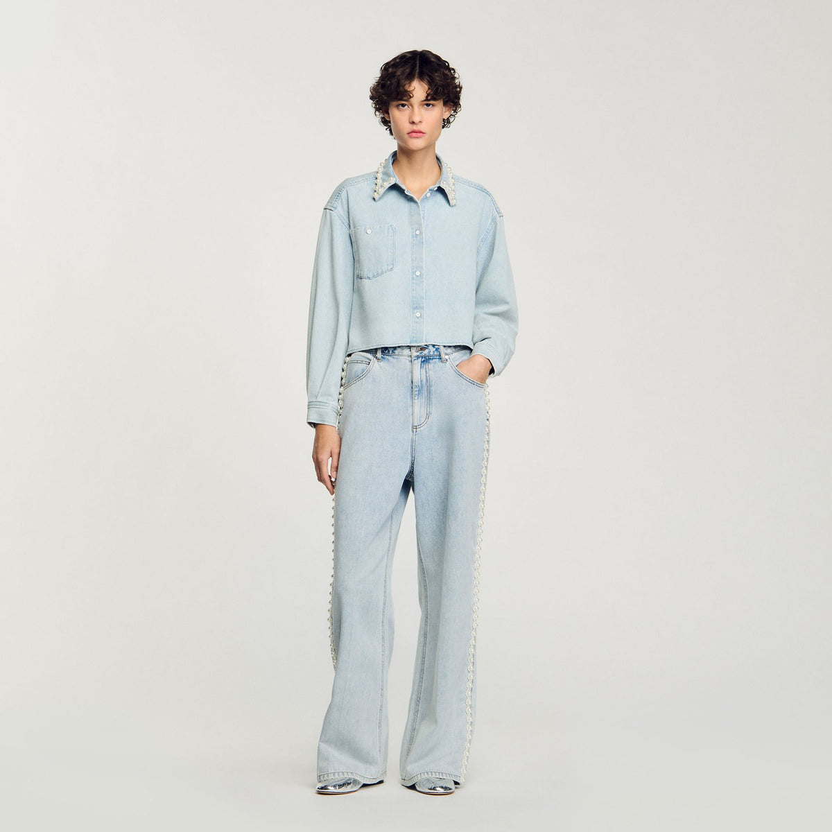 Denim shirt with beaded collar | Sandro