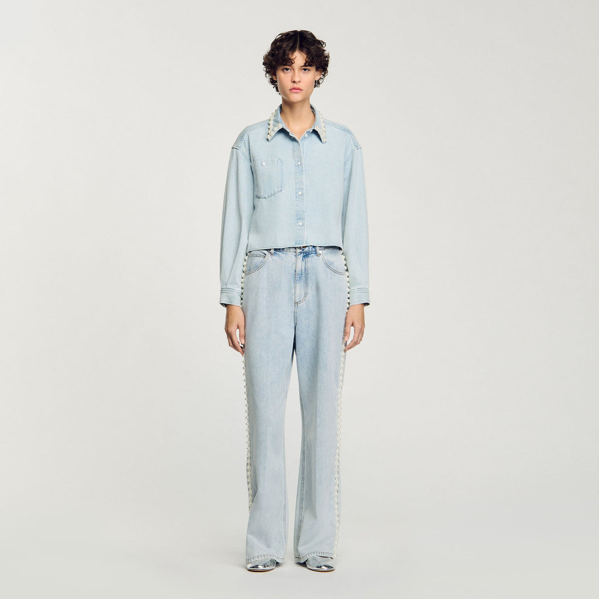 Denim shirt with beaded collar | Sandro