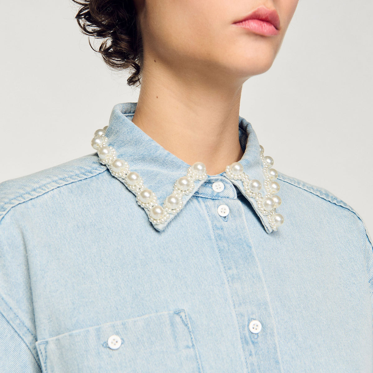 Denim shirt with beaded collar | Sandro