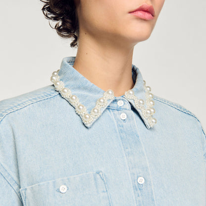Denim shirt with beaded collar | Sandro