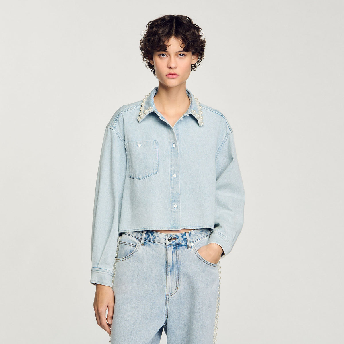Denim shirt with beaded collar | Sandro