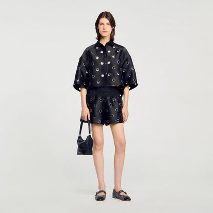Oversized shirt with rhinestones holes | Sandro