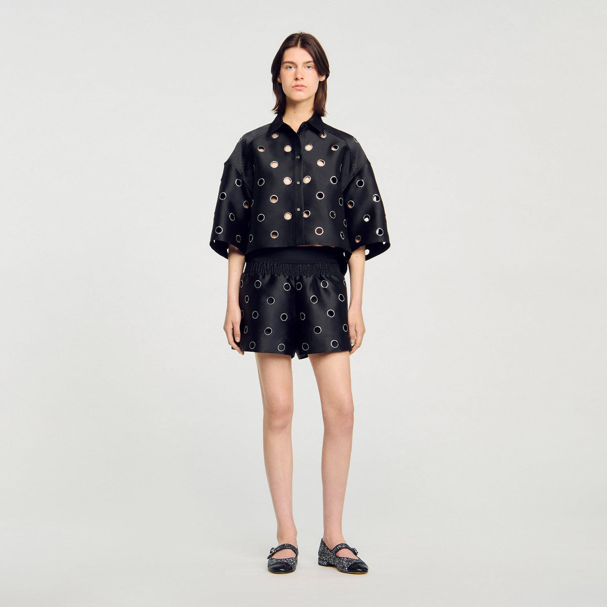Oversized shirt with rhinestones holes | Sandro