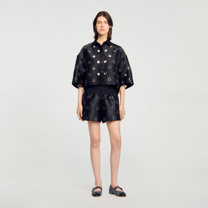 Oversized shirt with rhinestones holes | Sandro