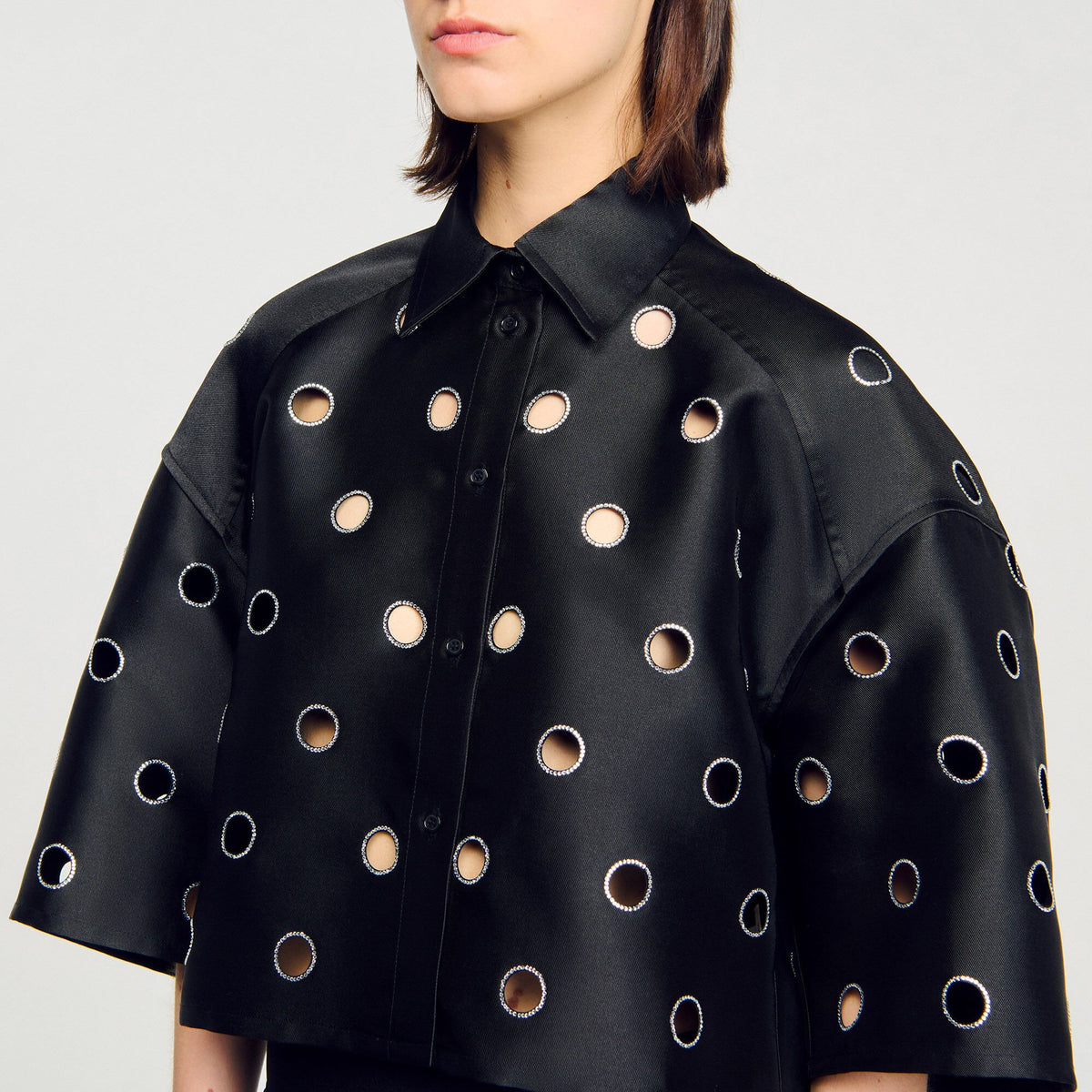 Oversized shirt with rhinestones holes | Sandro