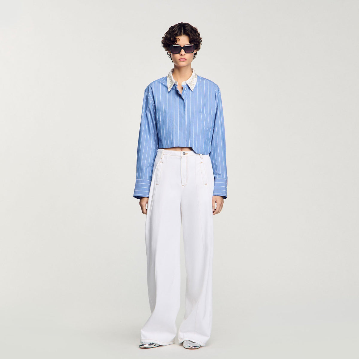 Striped cropped shirt with rhinestone | Sandro