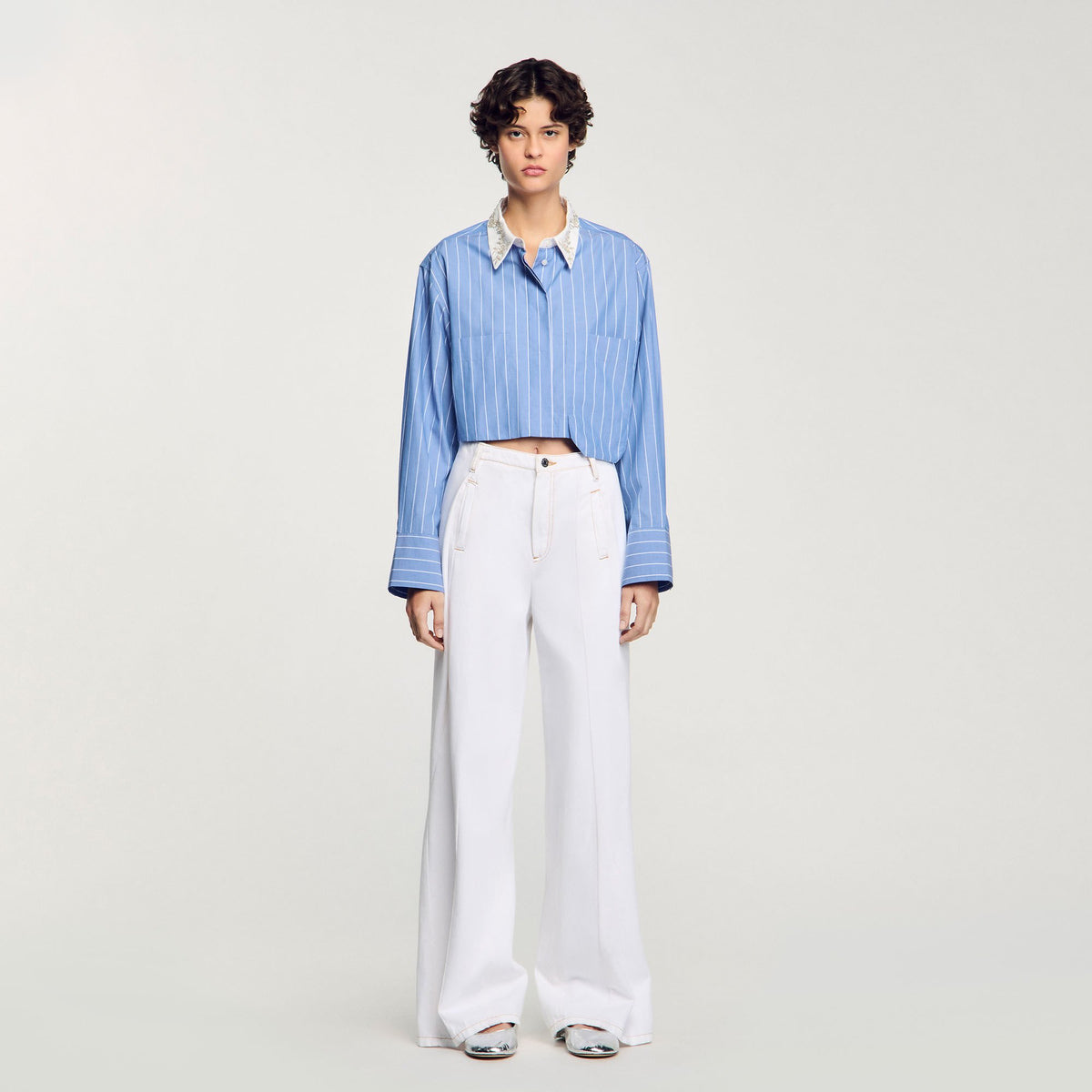 Striped cropped shirt with rhinestone | Sandro