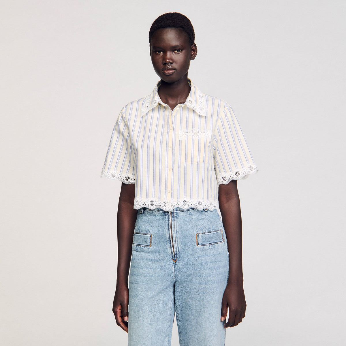 Striped cropped shirt with lace trim | Sandro