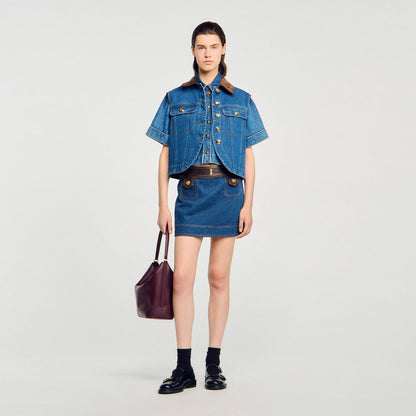 Mini denim and leather skirt | Sandro