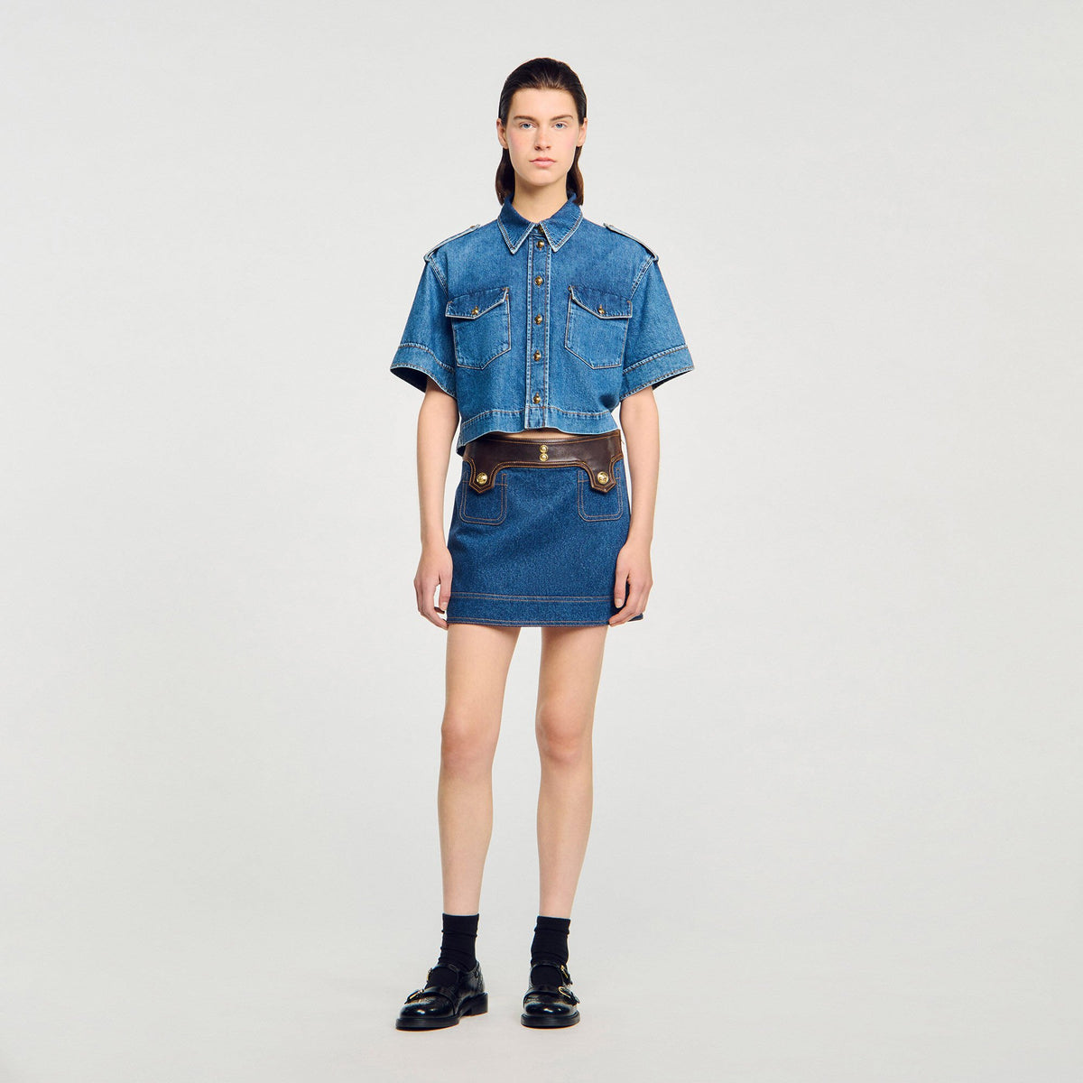 Mini denim and leather skirt | Sandro