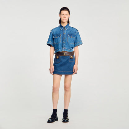 Mini denim and leather skirt | Sandro