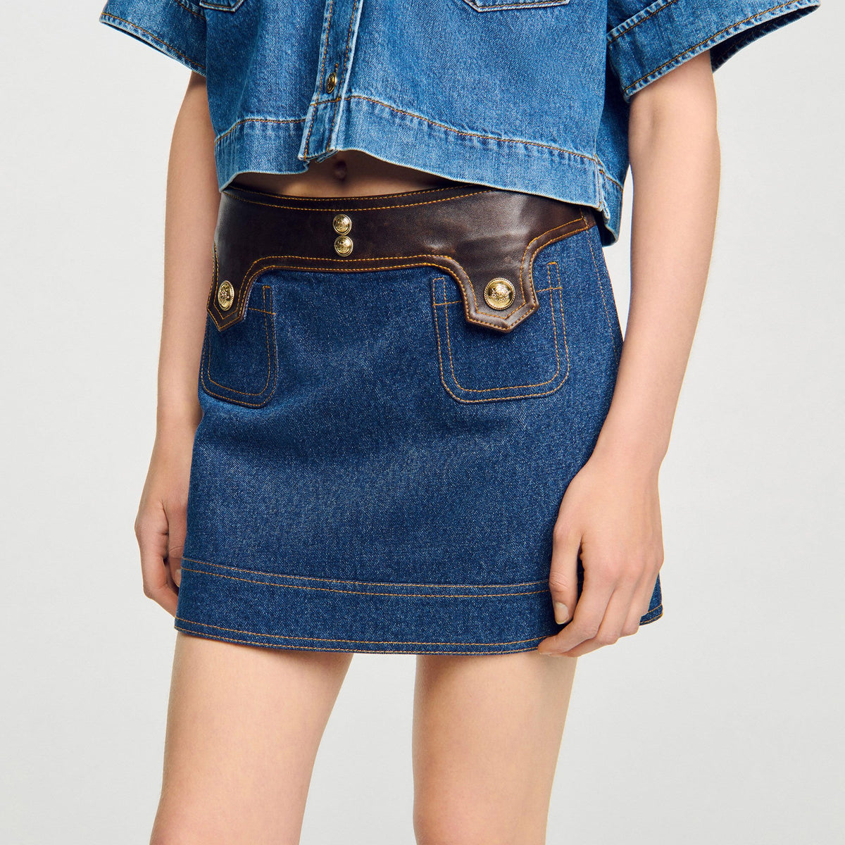 Mini denim and leather skirt | Sandro