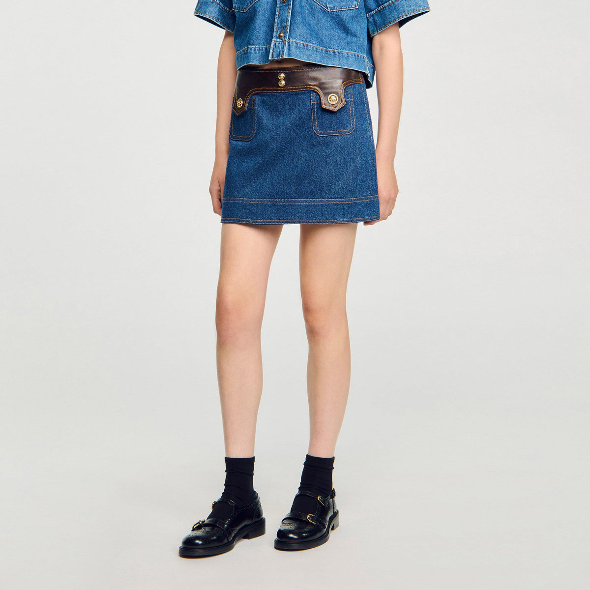 Mini denim and leather skirt | Sandro