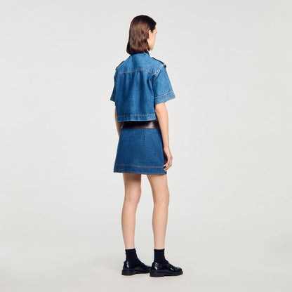 Mini denim and leather skirt | Sandro