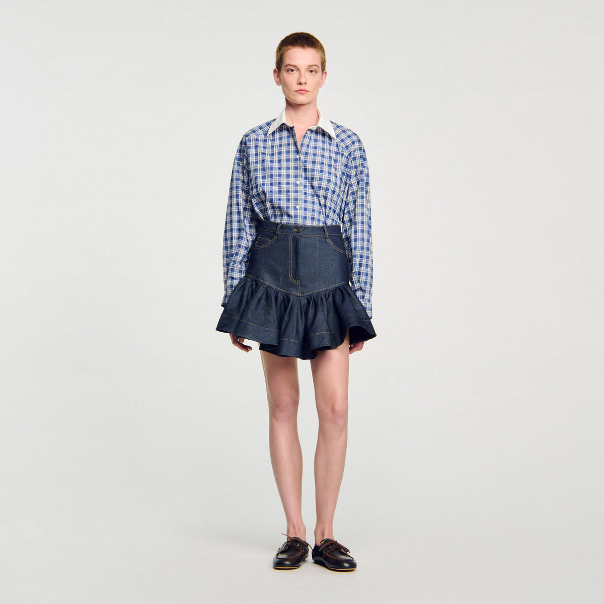Mini denim ruffled skirt | Sandro